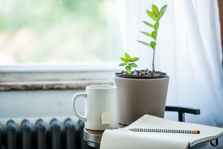 Picture of a small desk with journal, pen, plant, and mug; serene view out the window