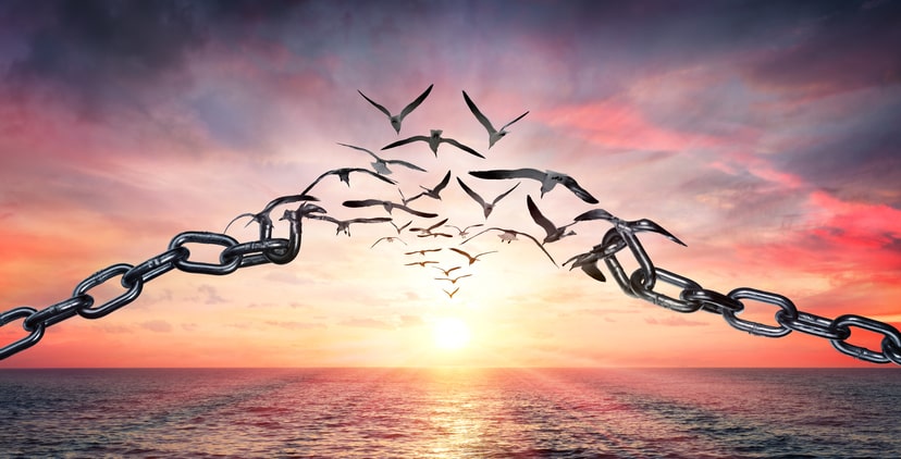 a sunset over water with a broken chain link and birds flying free