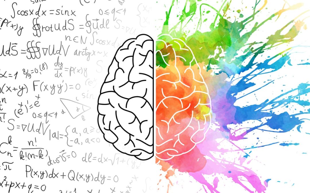 brain diagram, left in black and white; right side shown sparking in color