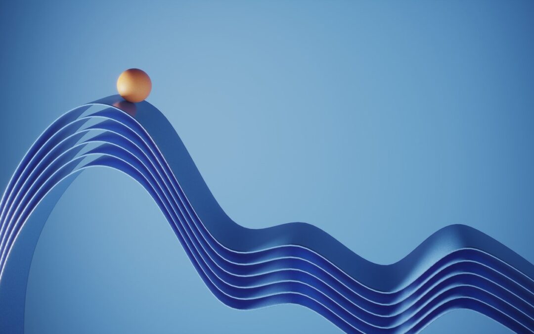 blue illustration of a wave descending with an orange ball at top.