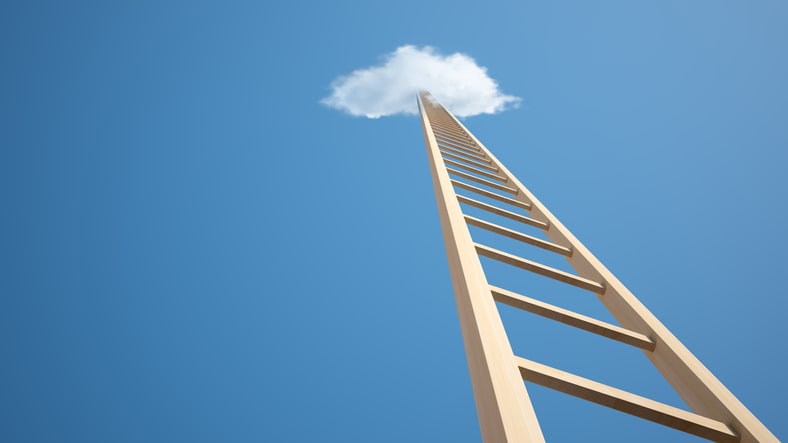 ladder pointing to sky with cloud at top