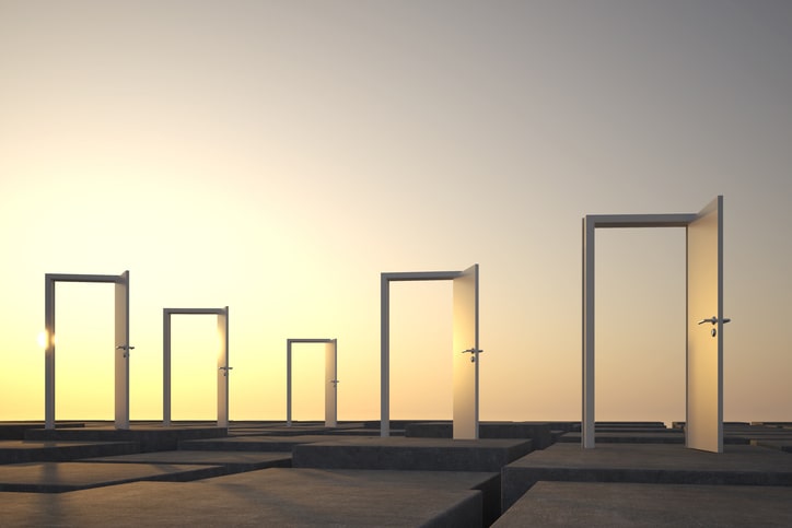 a photo of many open doors backlit by sunlight
