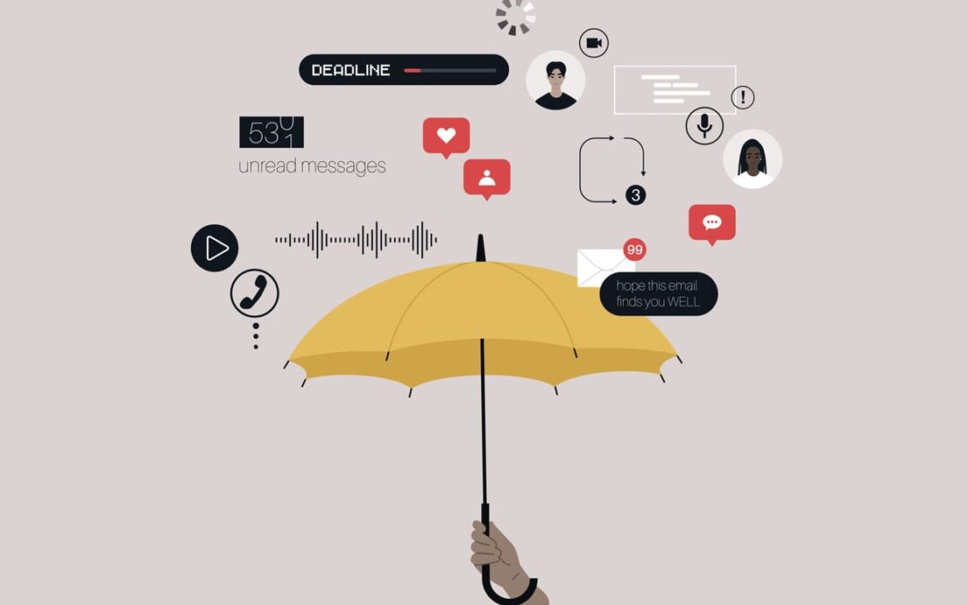 umbrella with all icons above as illustration to keep distractions out